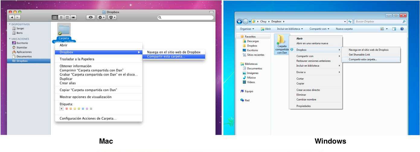 Carpetas en Dropbox Opciones carpetas en Dropbox